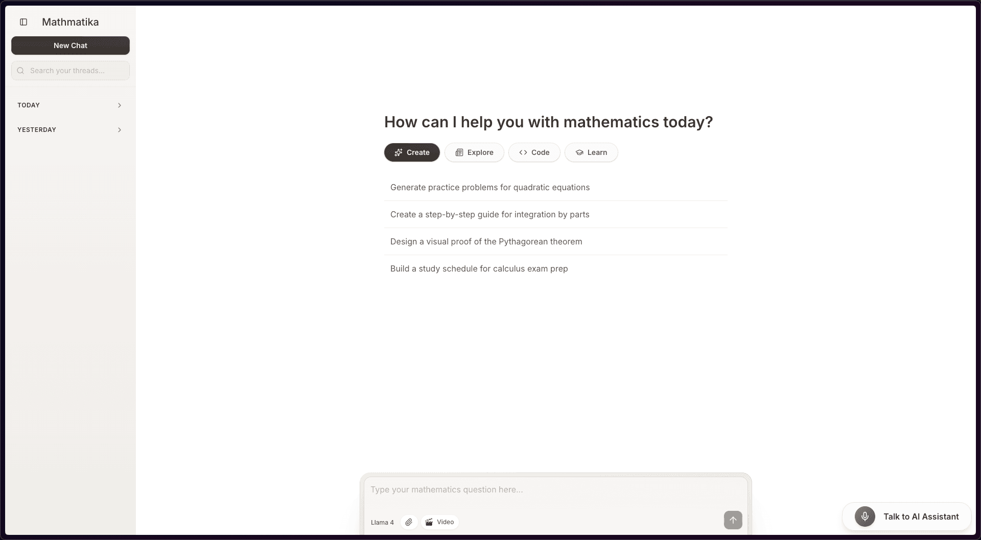 Mathmatika AI math tutoring platform — streaming explanations, KaTeX formulas, on-demand Manim animation videos, and a realtime voice mentor.