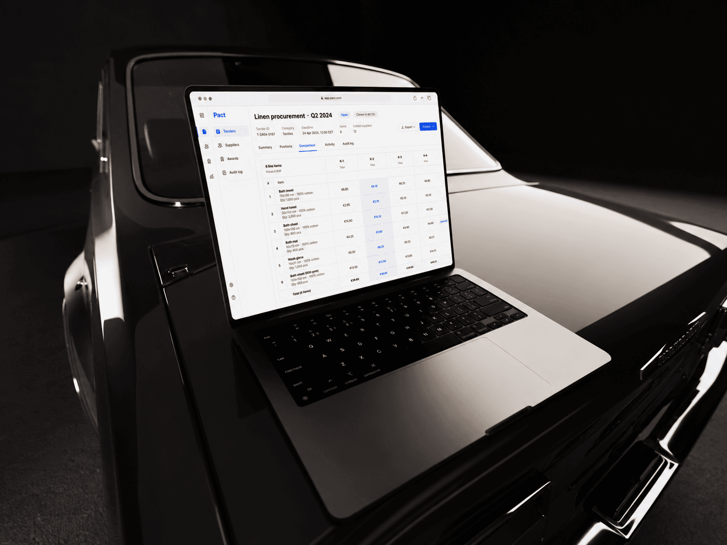 Pact procurement platform — buyer/supplier portal interface designed for a 47-property German hospitality group.